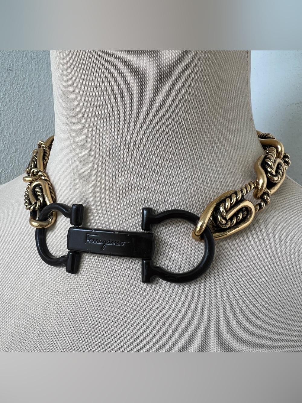 Custom Ferragamo Vintage Brass Horsebit & Rope Chain Link Choker Necklace 15-16”